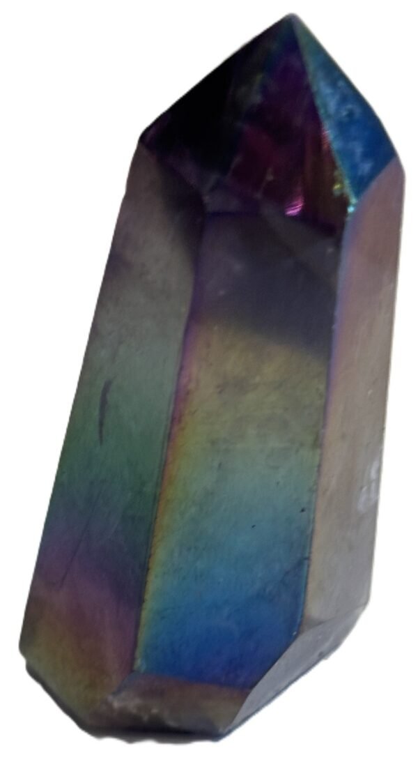 Standing rainbow amethyst aura polished crystal point 13 sians emporium Polished rainbow amethyst aura quartz generator point showing iridescent green violet and gold metallic sheen over natural chevron banding
